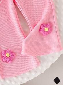 2pcs Baby Girl Soft Pink Casual Set, Striped Patchwork 3D Flower Lantern Sleeve T-Shirt Top And 3D Flower Flared Casual Pants - Pink - View 9