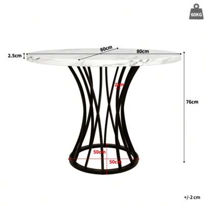Round Table (80 X 80 X 76 Cm), A Lightweight And Luxurious Round Table For 4-6 People, Ideal For The Dining Room And Living Room, Marble-Effect MDF Tabletop, Black Table Legs