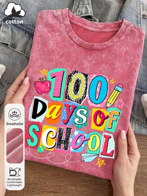 Damen Große Größen Casual Grafik Rundhals Kurzarm T-Shirt für Schulanfang, Bleistift, Papierflieger, Stern und Blumen Muster rotes T-Shirt für die Schulanfangszeit im Sommer