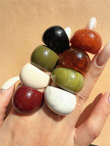 8件套复古几何极简树脂戒指套装，彩色超大椭圆形戒指，适合女性日常佩戴、节日和派对的珠宝配饰 - 彩色 - 查看 5