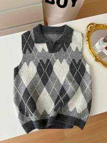 1 pieza Chaleco de estilo universitario de moda para mujer, chaleco de jacquard con diseño de corazón argyle, top de chaleco suave y versátil, top sin mangas con cuello, chaleco de suéter de punto, chaleco casual y vintage - Multicolor - Ver 8