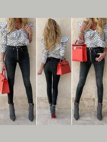 Happy Girl休闲弹力腰拉链牛仔裤，春夏百搭，适合休闲、时尚、日常穿着、生日派对、返校派对、单身派对、旅行、机场、下午茶派对等场合。 - 黑色 - 查看 9