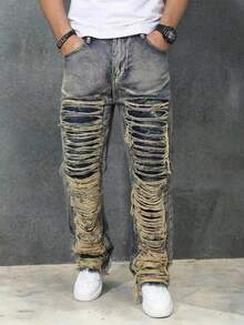 Celana Jeans Kasual Pinggang Elastis dengan Saku dan Ujung Berumbai untuk Anak Laki-Laki Remaja, Cocok untuk Semua Musim - MultiWarna - View 3