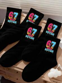 4 Pairs Random Color Black Crew Socks, Black Socks For Kids, Baseball Drip Number 67 Player Design, Back To School Running Athletic Sports Socks, Boys Girls Unisex Crew Socks For Children, Six Seven Ice Cream Drip Socks, Six Seven Valentines Day Gift - Multicolor - View 2