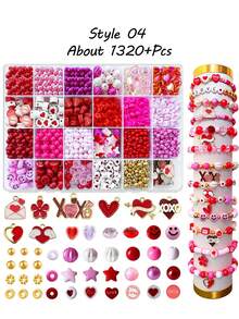 750/1000/1050/1320/1900/2200+ 件情人节DIY首饰制作套装，粉色和红色珠子套装，包含人造珍珠、心形/字母吊坠、字母珠子、弹力绳，是成人制作浪漫手工饰品（如手链、项链和情人节工艺品）的理想礼物。