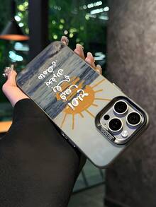 Sunset Ocean View Phone Case – High-Definition Photographic Print Of Calm Sea & Golden Sun, Hand-Drawn Orange Sunburst Design , Mirror-Like Glass Surface With Holographic Reflection Effect, Anti-Slip Texture & Scratch-Resistant Coating, Black Metal Frame & Full Camera Protection Compatible With Iphone - Multicolor - View 3