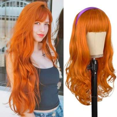 DOrange Ginger Wig With Bangs Long Curly Wavy Daphne Costume Wig Heat Resistant Synthetic Bangs Wigs For Women Daily Party Use 26 Inches