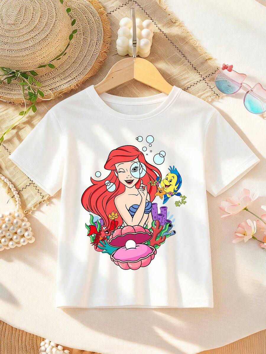 Disney Princess Ariel Alphabet Cartoon Print T-Shirt For Girls - Children's Clothing Design Short-Sleeve Casual Cute Style Comfortable And Relaxed Suitable For Boys And Girls, Perfect For Parties And Play Machine Washable Gift Children's Clothing Girls' Short-Sleeve Shirt - White - View 1