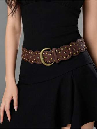 1 Stück Bohemian Western Nieten Damen Gürtel, modischer vintage antik kupferfarbener Schnalle mit Punk Nieten, Cut Out brauner Gürtel, geeignet für Kleider, Hosen, Lässig kleidung, Western Outfits, passend für Partys, Lässig ausflüge, Western Accessoires, Straße, Campus, Einkaufen, Urlaubsgeschenke