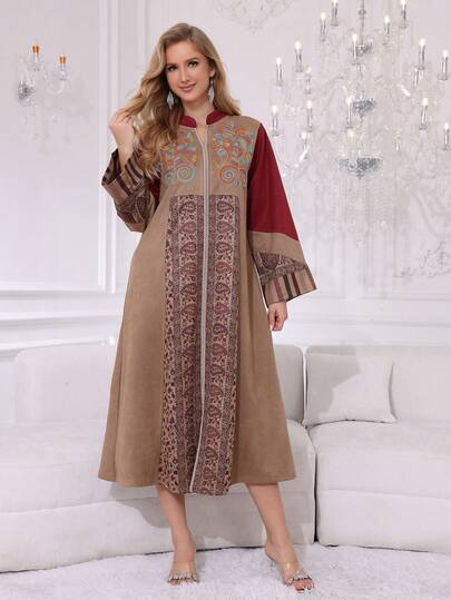 2026 New Style Ramadan Traditional Elegant V-Neck Long Sleeve Dress With Colorful Embroidery, Jalabia Arabic Women Clothing