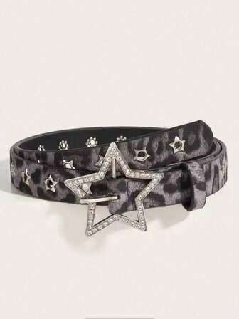 1 stjärnprydd strass metall svart & grå leopardmönster Y2K punk stil modebälte för kvinnor, lämplig för vardag, fest, sammankomst, gata, sommar, skolsäsong, höst, halloween, examensceremoni, present