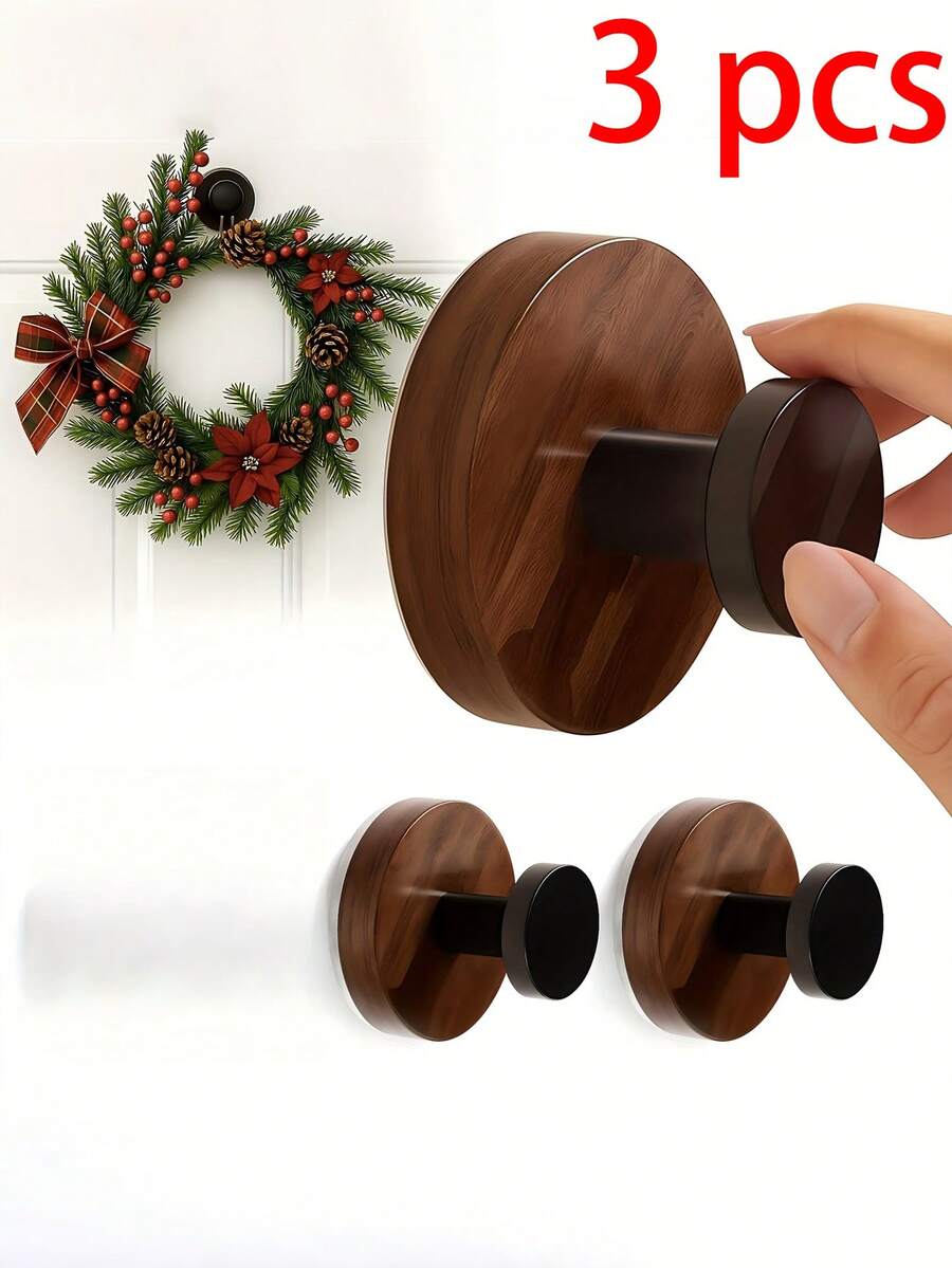 3pcs Walnut Wood Grain Multi-Functional Reusable Strong Suction Cup Hooks, Wreath Hanger, Heavy Duty Glass Front Coral Hooks For Door/Window/Over Door/Outdoor - Coffee Brown - View 1