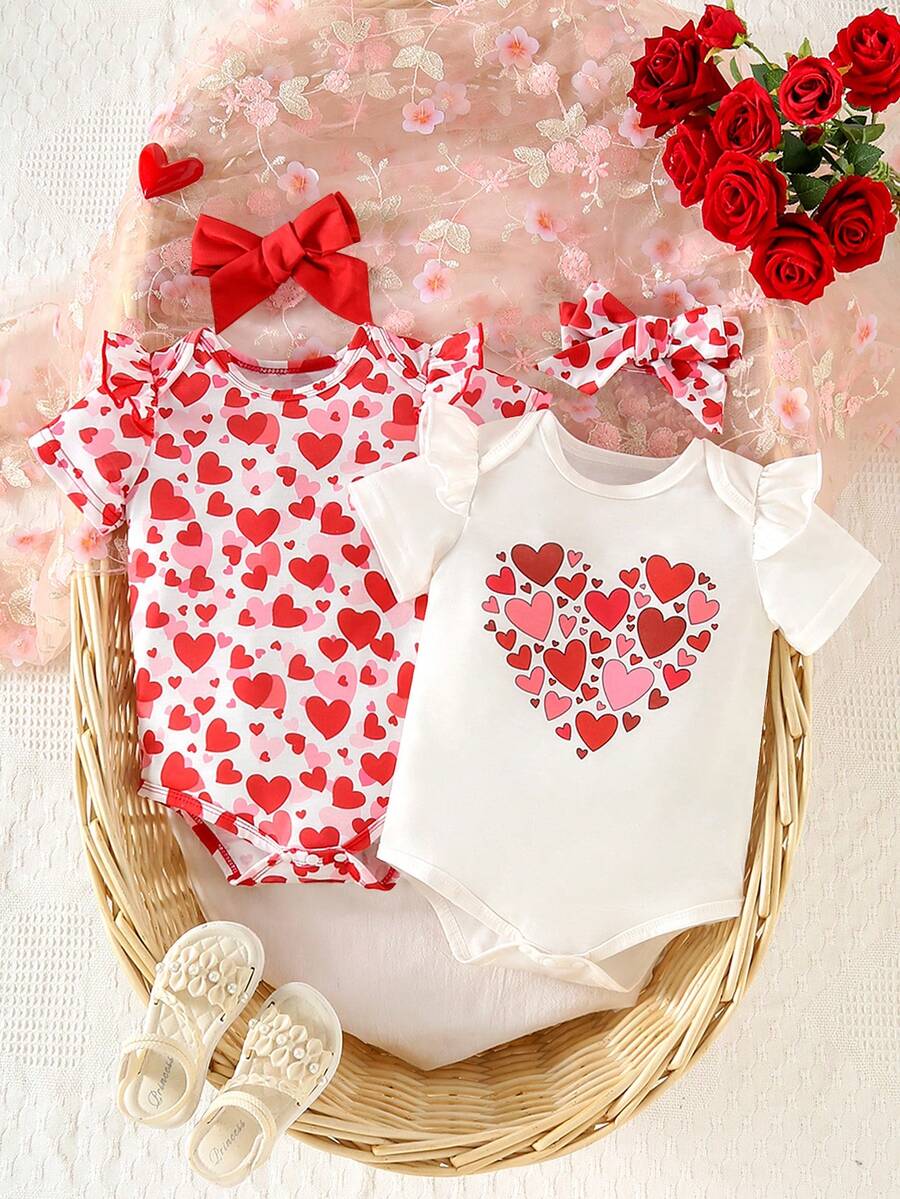 可爱女宝宝夏季时尚连体衣套装，白色卡通爱心印花圆领荷叶袖连体衣配爱心印花发带，爱心印花圆领短袖连体衣配纯红色发带 - 彩色 - 查看 1