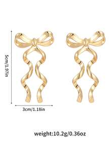 1 Par de Brincos de Laço com Pingente de Fita em Metal Dourado 14K, Brincos Longos Elegantes para Casamento, Presente Perfeito para o Dia das Mães, Dia dos Namorados e Natal. - brincos longos de laço de fita - Ver 7