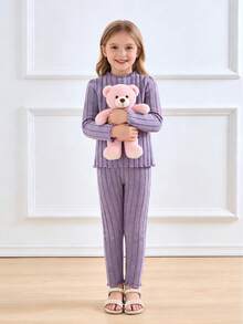 Set de 2 piezas top de cuello redondo de manga larga con volantes a rayas púrpura y pantalones con volantes a rayas para niñas jóvenes - Morado - Ver 1