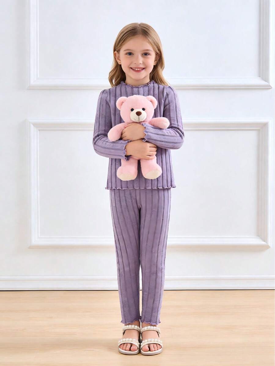 Set de 2 piezas top de cuello redondo de manga larga con volantes a rayas púrpura y pantalones con volantes a rayas para niñas jóvenes - Morado - Ver 1