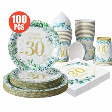 Set di piatti, tovaglioli, bicchieri usa e getta con foglie verdi su sfondo bianco per 25 invitati, adatto per compleanni, matrimoni, feste a tema, picnic in famiglia - Multicolore - Visualizzare 1