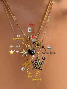 3件套豹纹星星项链、Y2K星空女孩项链、扑克牌星星骰子项链套装、黑色8号球项链、英文字母纪念项链 - 金色 - 查看 10