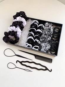 1119pcs Black & White Hair Accessories Set! Includes Hair Ties, Elastic Bands, Styling Tools, Minimalist & Elegant, Suitable For All Hair Types, Practical For Daily Braiding & Bun Hairstyles ,Ponytail Holders ,Hair Elastics ,Hair Rubber Bands ,Scrunchies ,Hair Rope - Multicolor - View 2