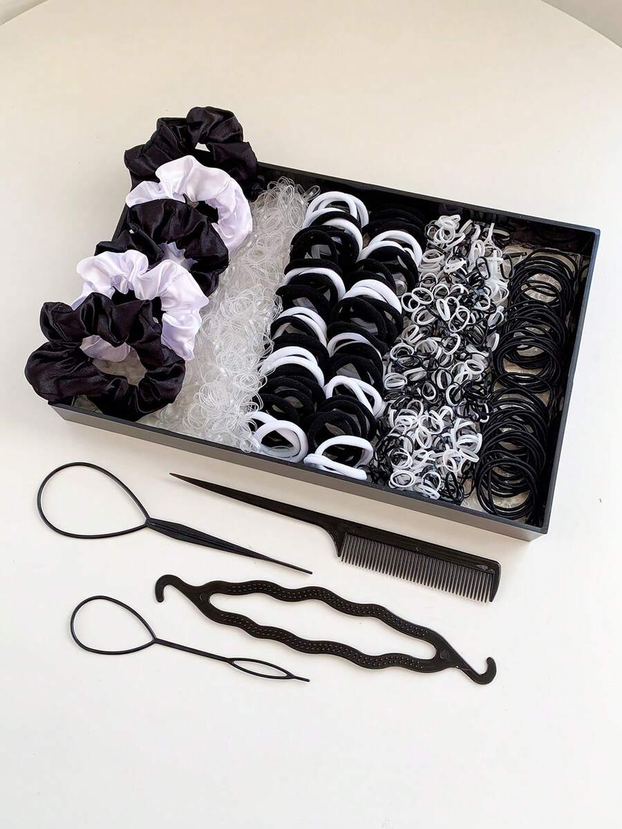 1119pcs Black & White Hair Accessories Set! Includes Hair Ties, Elastic Bands, Styling Tools, Minimalist & Elegant, Suitable For All Hair Types, Practical For Daily Braiding & Bun Hairstyles ,Ponytail Holders ,Hair Elastics ,Hair Rubber Bands ,Scrunchies ,Hair Rope