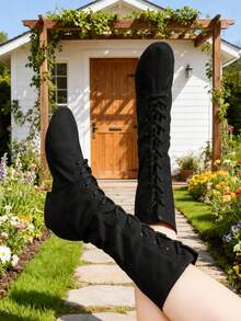 Nuevos zapatos de baile de mujer de caña alta, zapatos de baile de jazz de tacón bajo de 1 cm de color negro, zapatos deportivos de lona con cordones y suela blanda para interior/exterior, zapatos deportivos negros, zapatos de ballet, salsa, danza moderna, práctica de danza, actuación de danza, salón de baile, cómodos, suaves, ligeros, transpirables - Negro - Ver 2