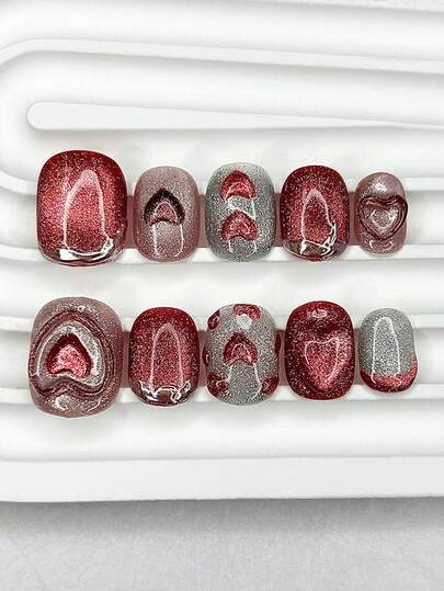 10 Pieces New Year Red Heart-Shaped Three-Dimensional Glue Short Nail Cat Eye Shiny Short Nail Fake Nails Art Nail Supplies (1 Sheet Jelly Stickers+1PC Nail File)