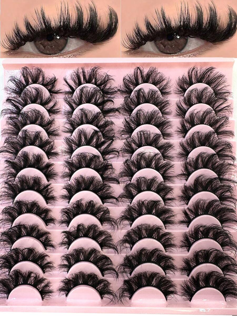 HBZGTLAD 20 Pairs Soft Mink Eyelashes 3D Curl Winged End Eye Elongated Fake Lashes Thick Handmade Natural False Eyelash Messy Cross Lash Wholesale - 濃密款 - 查看 1