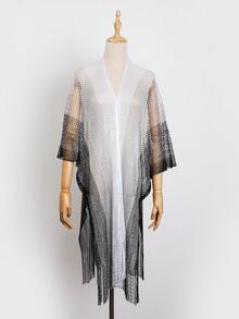 长款闪亮金色网纱沙滩围巾，多功能轻薄比基尼罩衫，时尚渐变流苏披肩，度假必备 - 彩色 - 查看 2