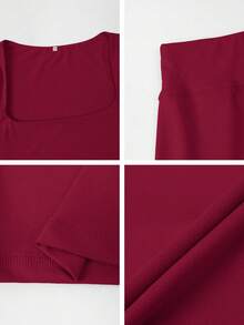 女士秋季圆领长袖露脐上衣搭配紧身短裤休闲运动套装，适合锻炼、居家和健身穿着 - 酒紅色 - 查看 11