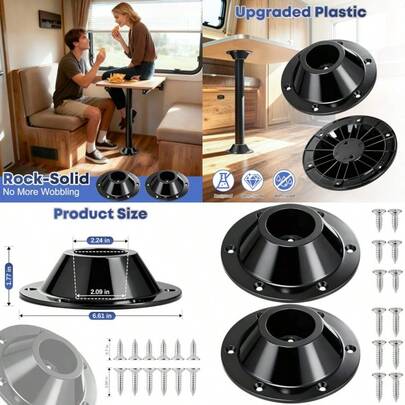 2 PCS Ultra-Sturdy RV Table Base Mount Premium Plastic Camper Table Leg Replacement Base With Stainless Steel Mounting Screws Black