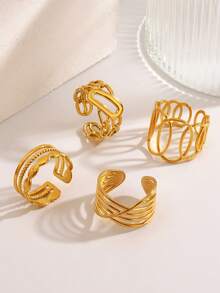 4件套不锈钢18K镀金几何线条耳环，适合女性日常佩戴