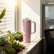 STANLEYO 40oz Stylish Matte Pink Insulated Tumbler With Gold Accent – Double-Wall Stainless Steel Cup With Handle, Flip-Top Lid, Leak-Proof Reusable For Coffee, Tea & Smoothies | Ideal Holiday Gift For Family & Friends - Hồng - Xem 5