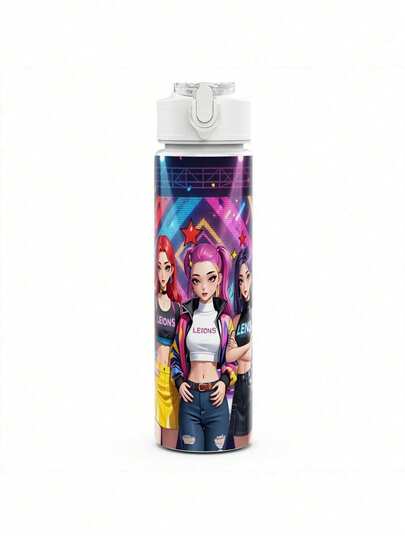 1pc K-POP Plastic Water Bottle, Cartoon Print Design Plastic Sports Water Bottle, Flip Top, Reusable Water Bottle, Lightweight Leak-Proof Travel Drink Bottle For Running, Suitable For Birthday, Christmas, Halloween, Thanksgiving Gifts