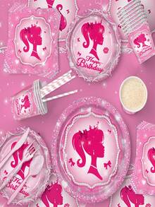 10件套粉色派对用品，公主主题派对装饰，包括餐盘、餐巾纸、桌布，适合公主娃娃主题生日派对、单身派对、新娘送礼会，可供10人使用。 - 彩色 - 查看 3