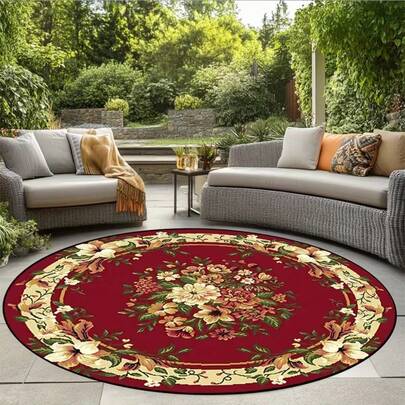 1 件圆形红色玫瑰装饰地毯，适用于客厅，客厅地毯，区域地毯，房间装饰，大尺寸地毯，圆形地毯，家居装饰，可水洗地毯