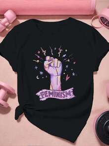 Women's Femi Nist Graphic Tee, Casual, 100% Cotton, Relaxed Fit, Relaxed Fit, Casual, Graphic Design - 黑色 - 查看 2