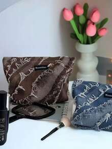 1pc Mini Makeup Storage Box, New Vintage Denim Tassel Square Cosmetic Jewelry Storage Bag, Portable Travel Waterproof Organizer Pouch, Multi-Functional Large Capacity Makeup Bag For Cosmetics, Brushes, Towels, Toothbrush, Suitable For Daily Outings, Travel, Gift For Girlfriend, Coworker, Friend, Birthday, Valentine's Day - Multicolor - View 5