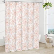 淡粉色雏菊花卉浴帘，波西米亚风春日花朵浴帘，适合女孩浴室，现代简约白色防水布浴帘套装，浴室装饰及配件