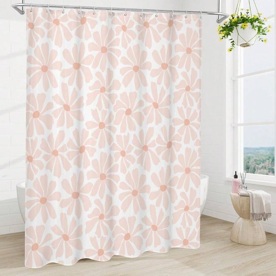 淡粉色雏菊花卉浴帘，波西米亚风春日花朵浴帘，适合女孩浴室，现代简约白色防水布浴帘套装，浴室装饰及配件