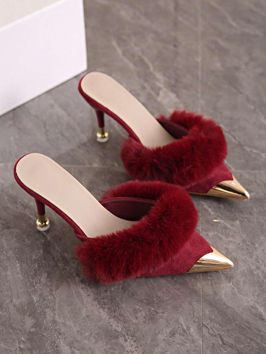 Giày sandal cao gót màu trơn cho nữ, dép lông mềm mũi kim loại, kiểu dáng ngọt ngào, thời trang ngoài trời, giày cao gót mũi nhọn đa năng mùa thu/đông, giày bít mũi đỏ rượu vang, dép lông giả phối nhiều lớp, gợi cảm khi phối cùng váy và sườn xám.