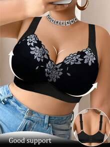 蕾丝拼接性感女士文胸，休闲舒适简约后背设计，加厚女士文胸，大码无钢圈文胸 - 黑色 - 查看 4