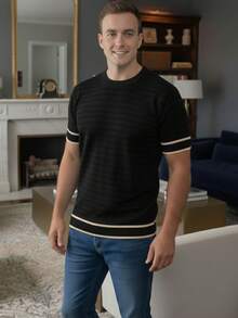 Basic Two-Tone Knit Shirt, Short Sleeve, Ribbed, Stylish Summer T-Shirt, Men's Blouse - Black and Sand - View 1
