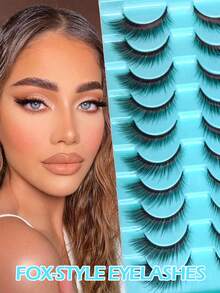 10 Pairs Of Fox Eye Cat Eye Style False Eyelashes, Natural Appearance, Featuring Synthetic Mink Fibers, They Are Soft In Texture, Thick, And Curled, With Elongated And Fluffy Outer Corners That Resemble Fox Eyes, Full Strip Handmade Fake Lashes, Lightweight, For Glamorous Eye Makeup, Easily Enhancing Your Eye Appearance |Cat Eye Effect | Elegant Design| Strips Eyelash| - fox eye lashes - View 3