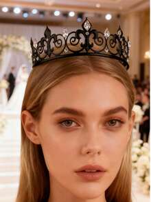 Corona negra clásica europea unisex, corona redonda simple de rey, accesorio de cabello nupcial barroco, accesorio de disfraz, tocado para baile, fiesta, festival, cumpleaños, novia, tiara, coronas, guirnalda de cabello, corona de flores - A378 negro - Ver 4