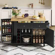 Kitchen Island With Fold-Down Worktop, Equipped With 5 Lockable Casters, Door Shelf, Wine Rack And Glass Holder, White, 120 X 45(70) X 89 Cm - 黑色 - 查看 11
