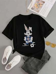 1pieza Blusas de mujer hermosas Blusas para mujeres Conjuntos de ropa para mujeres Conejo azul cruz 180G Blanco y negro patrón de fútbol impreso Cuello redondo básico holgado transpirable versátil lavable en máquina cómodo Talla S ~ 3XL Diario casual deportivo esencial verano - Oscuro - Ver 4