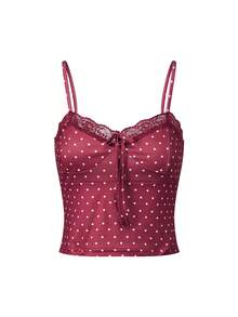 Women Y2k Camisole Tops Polka Dot Print Lace Trim Tie-Up Front Casual Cami Tops Spaghetti Strap Tank Tops Summer Fashion Sleeveless Slim Fitted Shirt Going Out Tops Club Streetwear Fairy Aesthetic Clothes - 紅色 - 查看 5