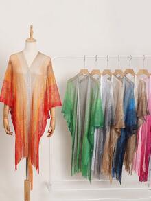 长款闪亮金色网纱沙滩围巾，多功能轻薄比基尼罩衫，时尚渐变流苏披肩，度假必备 - 彩色 - 查看 9