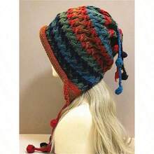 1 pieza Sombrero de lana con ala rizada para mujer, Gorro de punto de invierno, Gorro de punto a rayas arcoíris a prueba de viento, Gorro de punto con borla y bola, Adecuado.