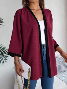 Women Half Sleeve Knitted Kimono With Contrast Binding And Midi Length Regular Hem - Burgundy - View 3